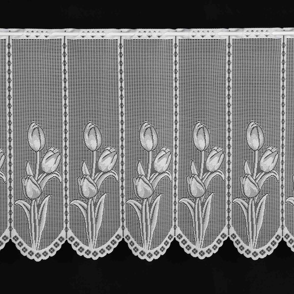 Berk žakárová vitrážová záclona 2328, TULIPÁNY, s bordurou, bílá, výška 60cm (v metráži)