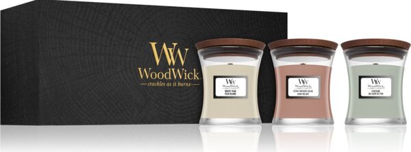 Woodwick Fireside & White Teak & Stone Wash Suede dárková sada s dřevěným knotem (gift box) 1 ks