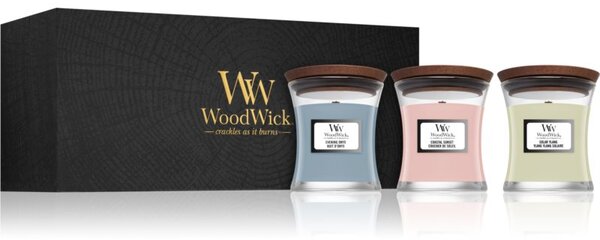 Woodwick Evening Onyx & Solar Ylang & Coastal Sunset dárková sada s dřevěným knotem (gift box) 1 ks