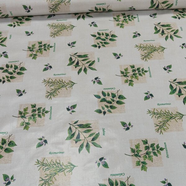 Ubrus PVC s textilním podkladem 409.1, zelené bylinky na pytlovině, š.140cm (metráž)