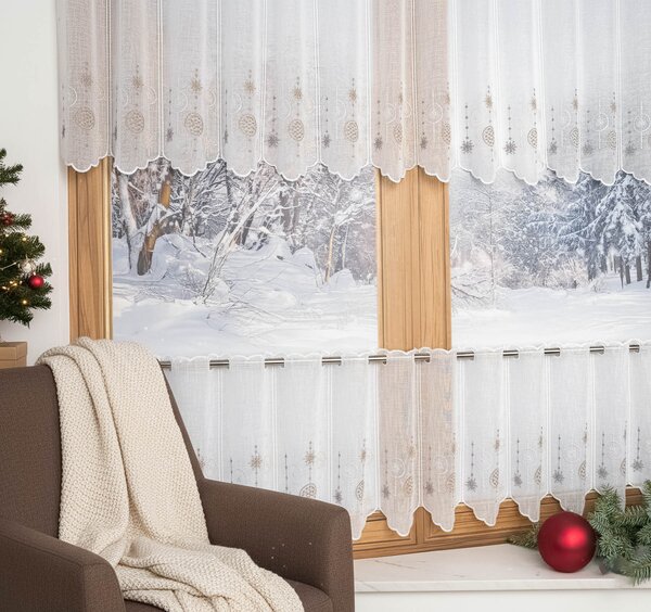 Buona ventura Vitrážová záclona vánoční polyesterový batist 66157/001, VÁNOČNÍ BAŇKY, béžový vyšívaný vzor na bílé, výška 40cm (v metráži)