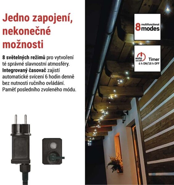 EMOS LED vánoční řetěz, 50 m, venkovní i vnitřní, studená bílá, programy, časovač