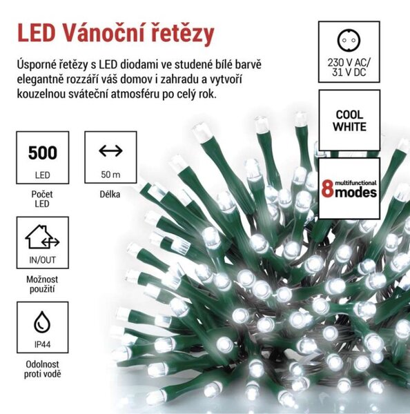 EMOS LED vánoční řetěz, 50 m, venkovní i vnitřní, studená bílá, programy, časovač