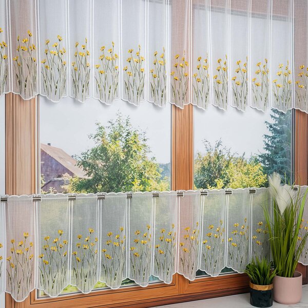 Buona Ventura Vitrážová záclona polyesterový batist 45720 vyšívané žluté luční kvítí, bílá výška 40cm (v metráži)