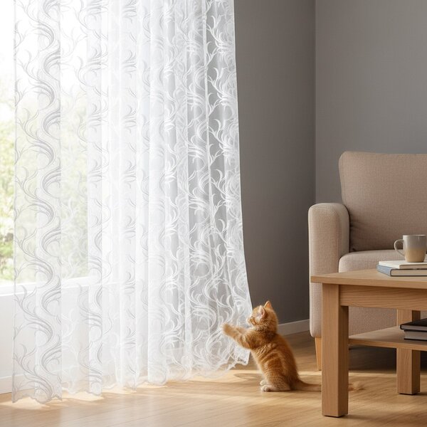 Berk žakárová záclona 37219, pnoucí listy, celoplošný vzor, bílá, výška 160cm (v metráži)