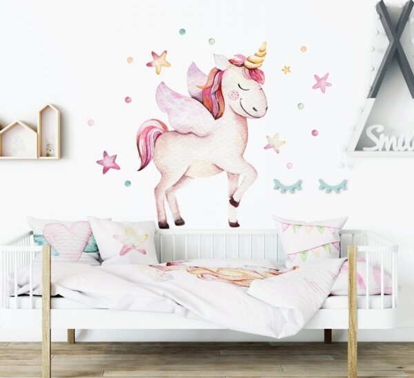 Samolepka na zeď Unicorn - jednorožec, hvězdičky a kuličky DK268