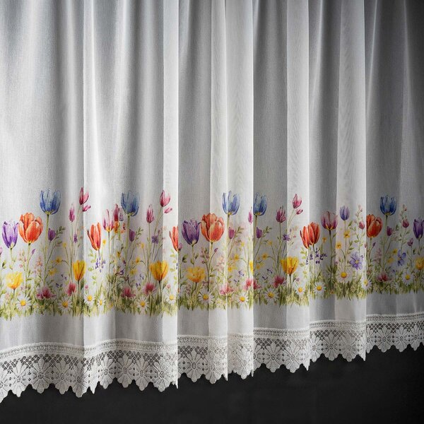 Forbyt žakárová vitrážová záclona TULIPÁNY TISK 361930, barevný vzor, s bordurou, výška 50cm (v metráži)