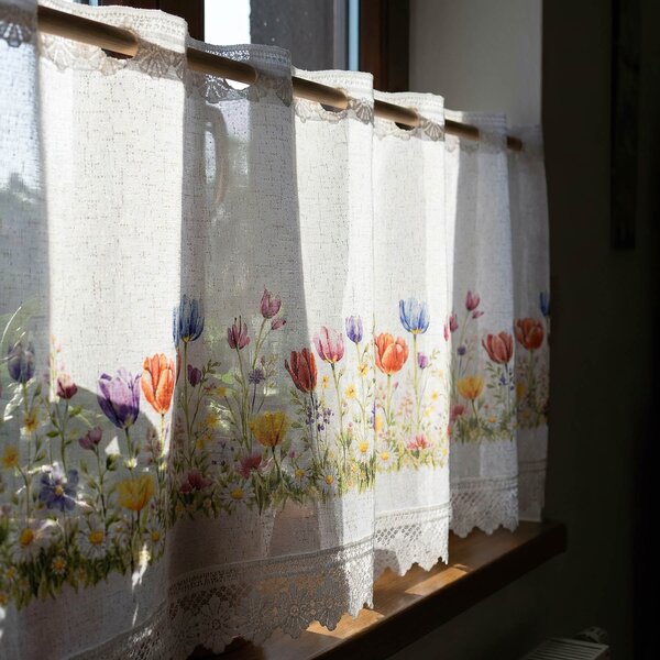 Forbyt žakárová vitrážová záclona TULIPÁNY TISK 361930, barevný vzor, s bordurou, výška 50cm (v metráži)