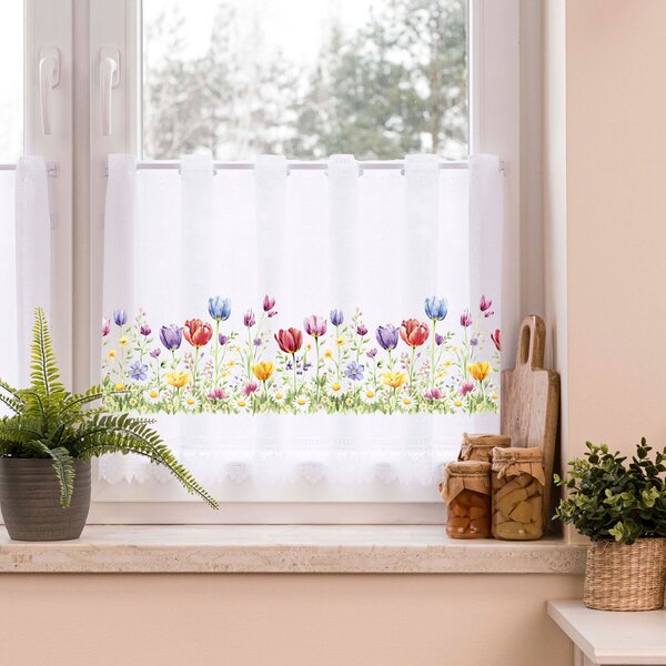 Forbyt žakárová vitrážová záclona TULIPÁNY TISK 361930, barevný vzor, s bordurou, výška 50cm (v metráži)