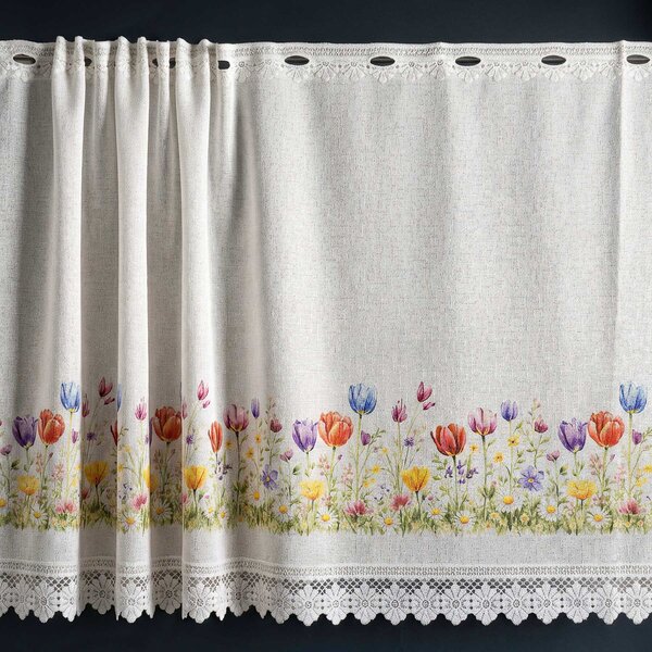 Forbyt žakárová vitrážová záclona TULIPÁNY TISK 361930, barevný vzor, s bordurou, výška 50cm (v metráži)