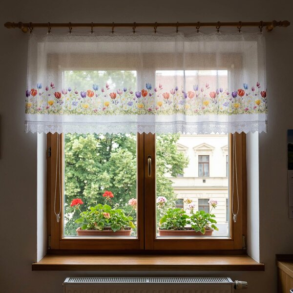 Forbyt žakárová vitrážová záclona TULIPÁNY TISK 361930, barevný vzor, s bordurou, výška 50cm (v metráži)