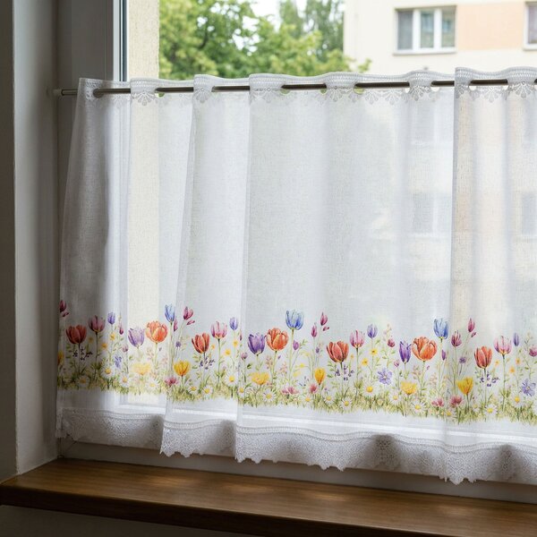 Forbyt žakárová vitrážová záclona TULIPÁNY TISK 361930, barevný vzor, s bordurou, výška 50cm (v metráži)