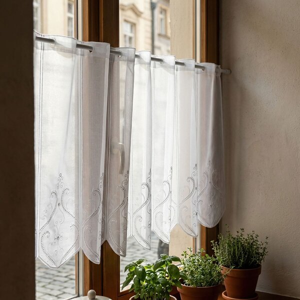 Rand Voálová vitrážová záclona 30182, vyšívané ornamenty, bílá, výška 45cm (v metráži)