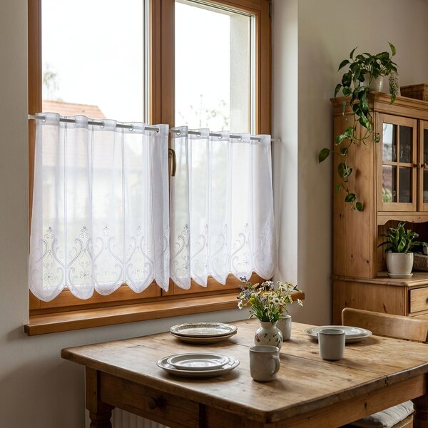Rand Voálová vitrážová záclona 30182, vyšívané ornamenty, bílá, výška 45cm (v metráži)