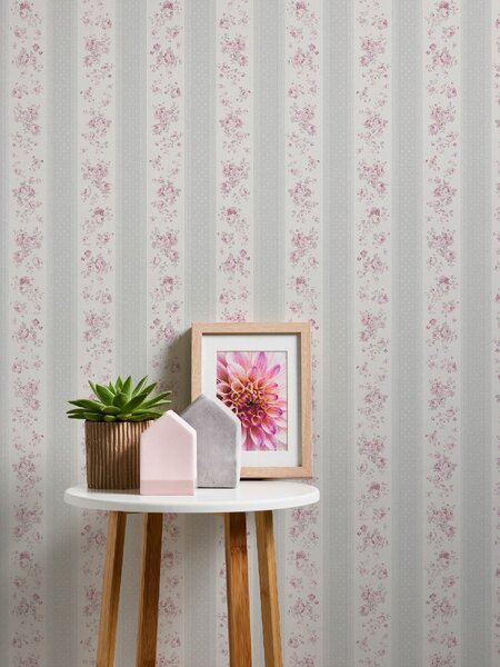 A.S. Création | Vliesová tapeta na zeď Maison Charme 39069-2 | 0,53 x 10,05 m | bílá, šedá, růžová