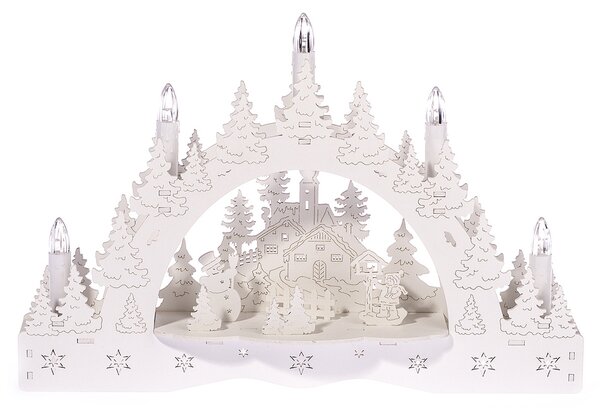 Vánoční LED svícen Zimní krajina, kostel a krmítko, 35 x 23 x 7,5 cm