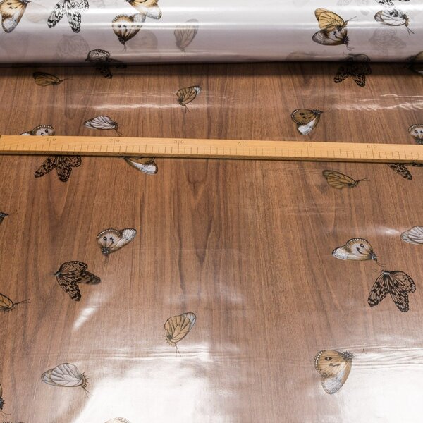 Kristal ubrus PVC průhledný 4W2/10, hnědý motýl, š.140cm (metráž)