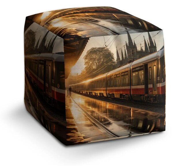 Sablio Taburet Cube Vlak na nádraží při východu slunce - 40x40x40 cm