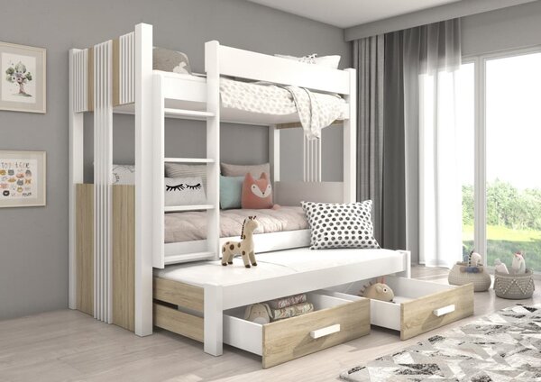 Patrová postel pro 3 Artema - 80x180 cm : Bílá/dub Sonoma Bílá/dub Sonoma 80x180 cm