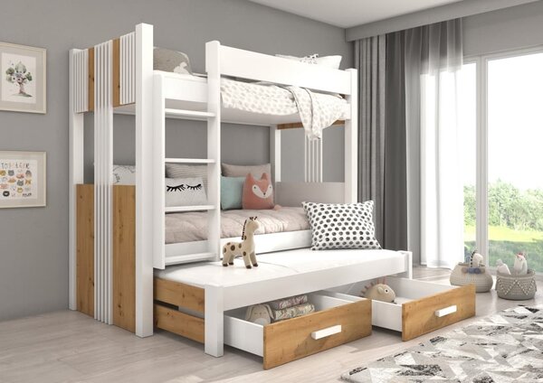 Patrová postel pro 3 Artema - 90x200 cm : Bílá/dub Artisan Bílá/dub Artisan 90x190 cm