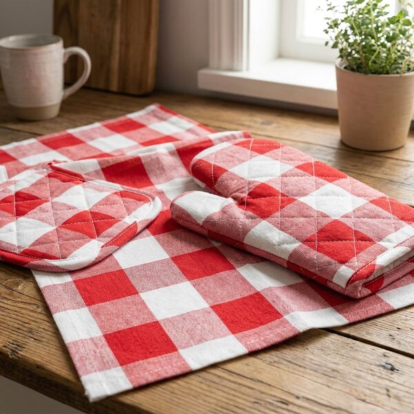 Avax kuchyňský set QK-244 3-dílný, ČERVENO-BÍLÁ KOSTKA, chňapka 28x18cm + podložka 20x20cm + utěrka 50x70cm