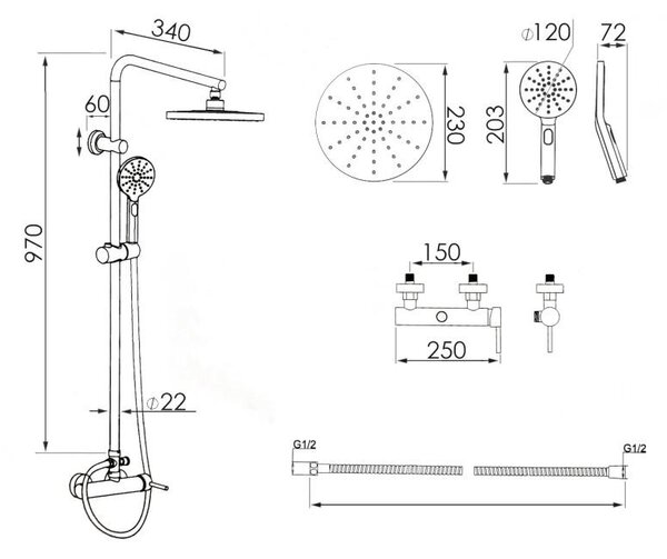 Erga Dubaj, sprchová souprava s pákovou baterií a dešťovou hlavicí 23 cm, zlatá lesklá, ERG-YKA-BP.DUBAJ23-GLD