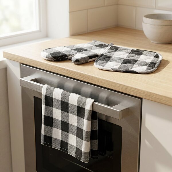 Avax kuchyňský set QK-244 3-dílný, ŠEDO-BÍLÁ KOSTKA, chňapka 28x18cm + podložka 20x20cm + utěrka 50x70cm