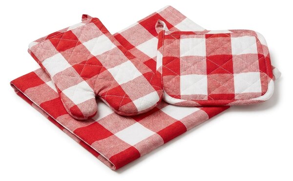 Avax kuchyňský set QK-244 3-dílný, ČERVENO-BÍLÁ KOSTKA, chňapka 28x18cm + podložka 20x20cm + utěrka 50x70cm