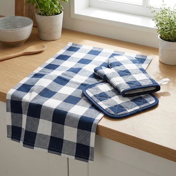 Avax kuchyňský set QK-244 3-dílný, MODRO-BÍLÁ KOSTKA, chňapka 28x18cm + podložka 20x20cm + utěrka 50x70cm