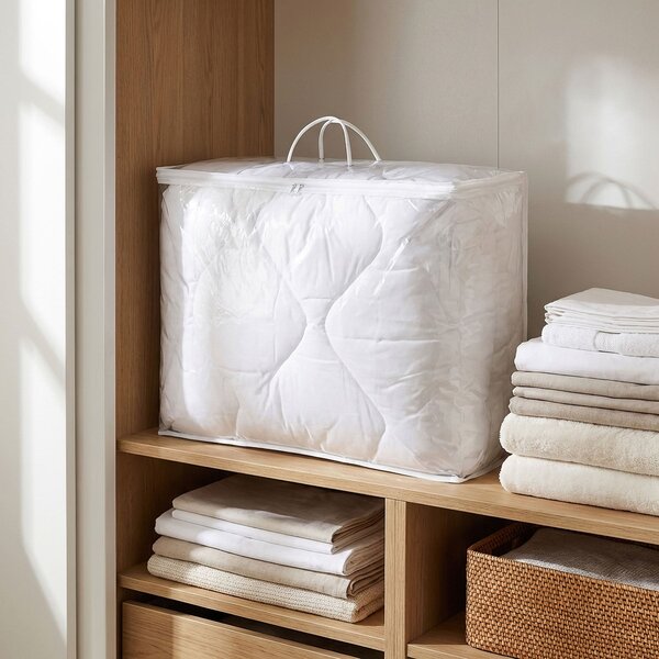 Bellatex Úložný obal na lůžkoviny a deky 60×45×20 cm – taška se zipem a textilním uchem, průhledný, bílý lem