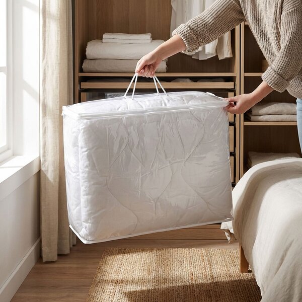 Bellatex Úložný obal na lůžkoviny a deky 60×45×20 cm – taška se zipem a textilním uchem, průhledný, bílý lem