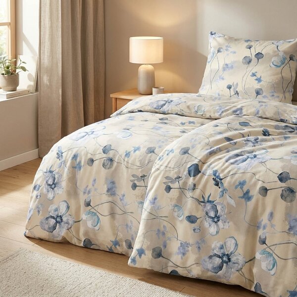 Dadka povlečení BLOOM ELEGANCE BANÁNOVÁ, modré květy, flanel 140x200cm + 70x90cm