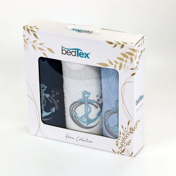 BedTex dárkový set froté ručníků KOTVY, modrý s výšivkou, 30x50cm, 3ks