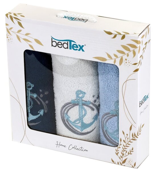 BedTex dárkový set froté ručníků KOTVY, modrý s výšivkou, 30x50cm, 3ks