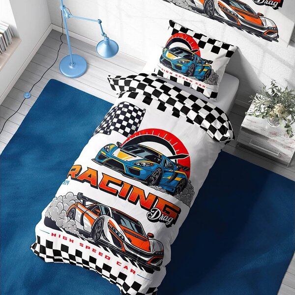 Carbotex povlečení AUTA RACING DRAG, bílé, bavlna hladká, 140x200cm + 70x90cm