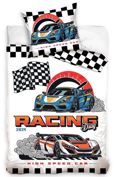 Carbotex povlečení AUTA RACING DRAG, bílé, bavlna hladká, 140x200cm + 70x90cm