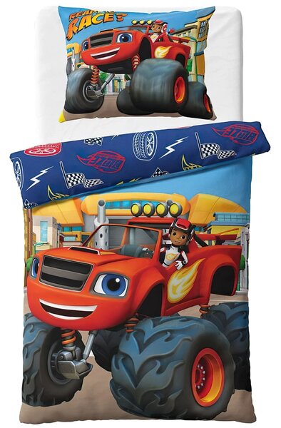 Carbotex povlečení PLAMÍNEK A ČTYŘKOLÁCI PŘIPRAVEN NA ZÁVOD, modré, bavlna hladká, 140x200cm + 70x90cm
