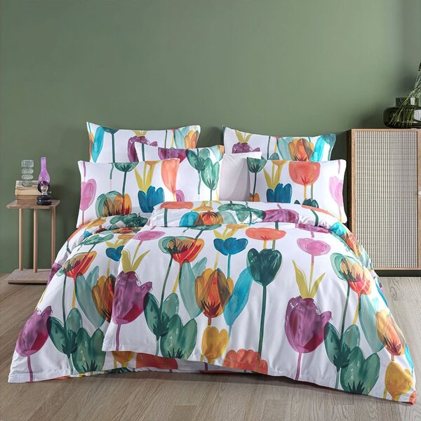 BedTex povlečení TULIPI, barevné tulipány, bavlněný satén, 140x200cm + 70x90cm