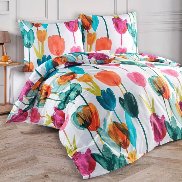 BedTex povlečení TULIPI, barevné tulipány, bavlněný satén, 140x200cm + 70x90cm