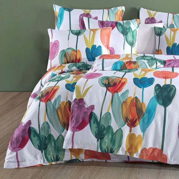 BedTex povlečení TULIPI, barevné tulipány, bavlněný satén, 140x200cm + 70x90cm