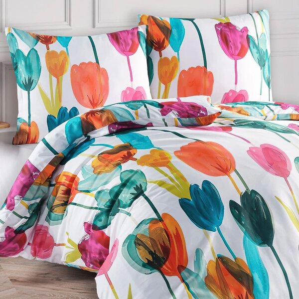 BedTex povlečení TULIPI, barevné tulipány, bavlněný satén, 140x200cm + 70x90cm
