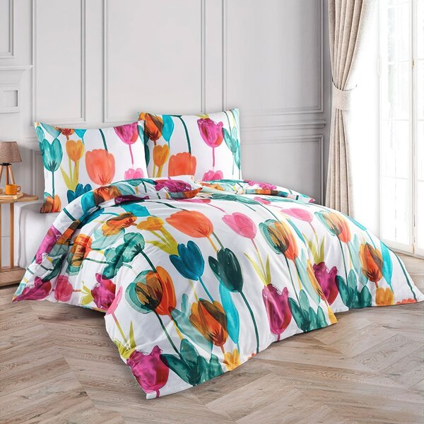 BedTex povlečení TULIPI, barevné tulipány, bavlněný satén, 140x200cm + 70x90cm