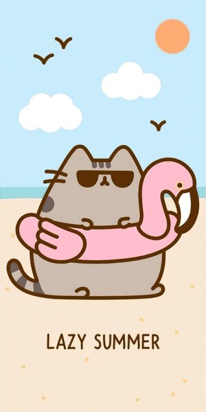 Carbotex Dětská plážová osuška KOČIČKA PUSHEEN MŇAUMÓZNÍ DOVOLENÁ, modro-béžová, froté, 70x140cm