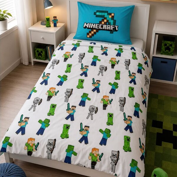 Carbotex Dětské povlečení MINECRAFT PIXELOVÝ SVĚT, modro-zelené, bavlna hladká, 140x200cm + 70x90cm