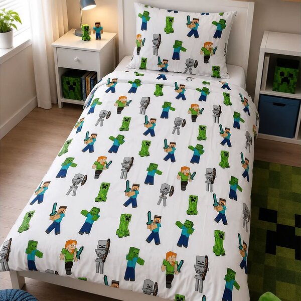 Carbotex Dětské povlečení MINECRAFT PIXELOVÝ SVĚT, modro-zelené, bavlna hladká, 140x200cm + 70x90cm