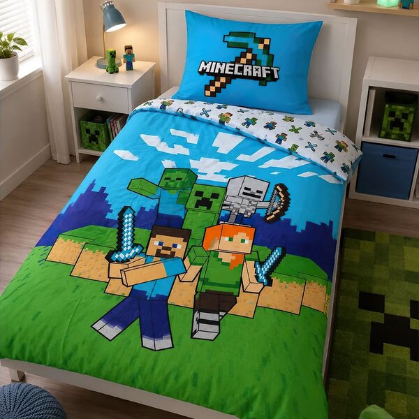 Carbotex Dětské povlečení MINECRAFT PIXELOVÝ SVĚT, modro-zelené, bavlna hladká, 140x200cm + 70x90cm