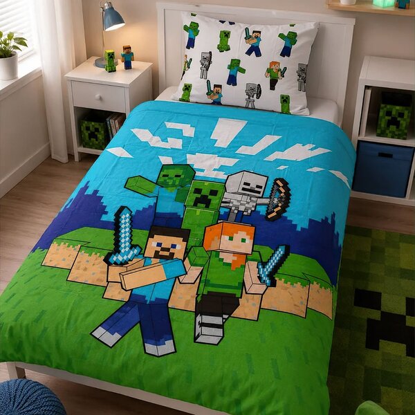 Carbotex Dětské povlečení MINECRAFT PIXELOVÝ SVĚT, modro-zelené, bavlna hladká, 140x200cm + 70x90cm