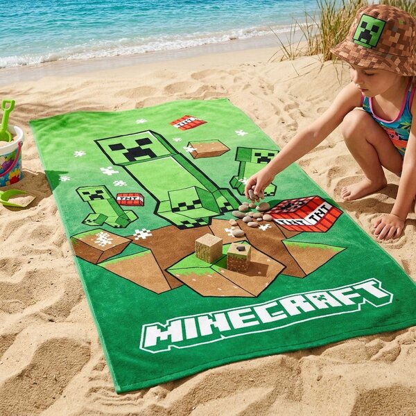 Carbotex Dětská plážová osuška MINECRAFT ÚTOK CREEPERŮ, zelená, froté, 70x140cm
