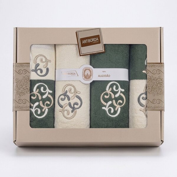 4sleep dárkový set froté ručníků a osušek 387, 6-dílný, zelená a krémová s výšivkou 2x 30x50cm + 2x 50x90cm + 2x 70x140cm
