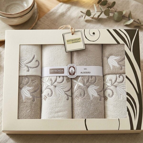 4sleep dárkový set froté ručníků a osušek 164, 6-dílný, béžová a krémová s výšivkou 2x 30x50cm + 2x 50x90cm + 2x 70x140cm